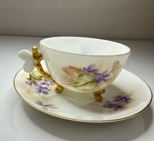 Rare Antique 1891-1932 Limoges Teacup Saucer W Guerin Butterfly Handle Footed  picture