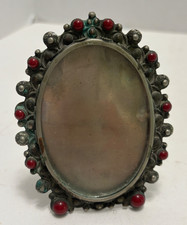 Vintage Bejeweled OVAL FRAME Carnelian Faux Pearl Rope Twist Metal Easel 4x3