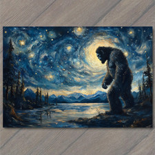POSTCARD Bigfoot Under Starry Sky Majestic Night Scene Lake Forest Mountains picture