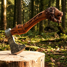 Custom Handmade Carbon Steel Viking Sculpture Lion Axe With Bearded Blade 18Inch picture