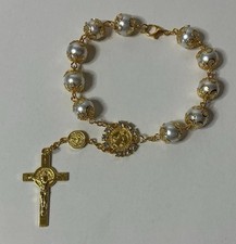 NEW One Decade Saint Benedict Cross Glass Rosary Bracelet w/ Crucifix & St Medal picture