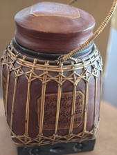 Vtg Thai Red Lacquered Hand Woven Bamboo Rice Basket w/Buddhist Script picture