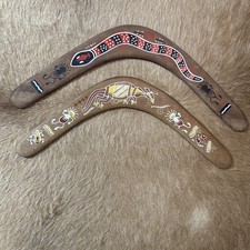 Pair Vintage Australian Wood Boomerangs Alcheringa Hand Painted Snake Kangaroo picture