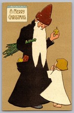 Antq Christmas Postcard Santa Claus Black Robe Fruit Girl Prays Rotograph H 3025 picture