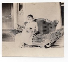 Woman Reading Book Fancy Sofa Porch RPPC Photo 1910s Antique picture