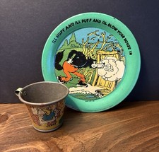 Antique 1930’s Walt Disney Three Little Pigs Ohio Art Tin Cup and Plate picture