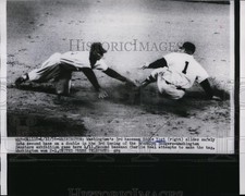 1956 Press Photo Senator Eddie Yost slides to 2nd vs Dodgers Charlie Neal picture
