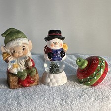 3pc Christmas Hand Painted Figurines Elf/Gnome, Snowman, Salt Shaker Ornament  picture