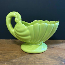 Vtg MCM Royal Haeger Green Satin Glazed Shell Cornucopia Shaped Handled Planter picture