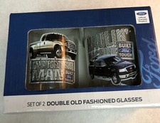 2 FORD GLASSES DOUBLE OLD FASHIONED TRUCK MAN BUILT FORD TOUGH BARWARE New picture