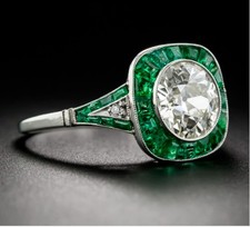 Vintage Art Deco Style Lab Created Diamond & Emerald Engagement 925 Silver Ring picture