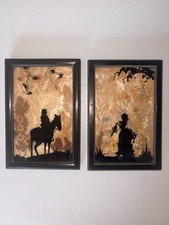 Two Vintage Glass Milkweed/Wildflower Framed Silhouettes- Man on Horse and Woman picture