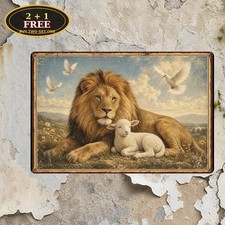 Lion And The Lamb Peace Dove Christian Biblical Art Metal Sign 8x12 picture