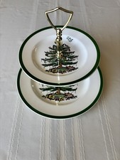 VNTG SPODE Christmas Tree 2-Tier Serving Tray S3324-U Made in England Gold Hndle picture