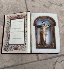 Vintage Spanish Catholic Diptych Faux Resin Velvet Book Shrine Jesus St Francis picture