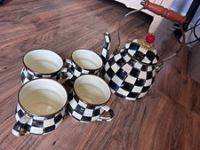MacKenzie-Childs Black & White Checked Kittle w/ Lid & 4 Cups Tea Set picture