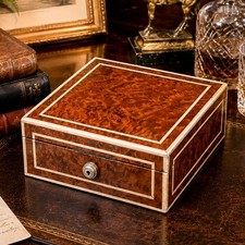 Extraordinary Antique English Burl Wood Cigar Box Sterling Silver Fittings picture