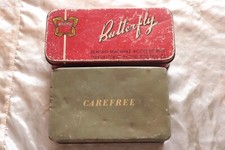 Vintage Set Two Tin Boxes Carefree & Butterfly Sewing Machine Accessories Rare picture