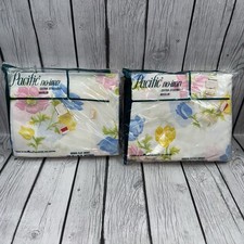 Lot Vintage 1960s Pacific Queen Flat & Fitted Sheet Set Floral Muslin NIP picture