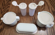 Tupperware Service Sugar Bowl, Creamer, Butter Dish, Salt & Pepper Shakers Pink picture