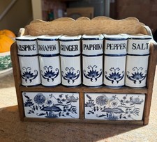 Vintage Rare 9-pc Blue Willow Spice Set with Wooden Rack Made In JAPAN picture