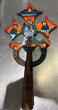 Vintage Ethiopian Orthodox Blessing Cross Hand Carved Painted Wood Icon Art picture