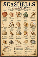 Seashells of the World Poster 13x19 – Vintage Shell Species Chart Coastal Ocean picture