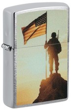 Zippo Soldier and Flag Design Brushed Chrome Windproof Pocket Lighter, 46828 picture