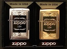 Zippo Collectors Set Of 2 Logo Frame Lighters, Chrome and Brass, New In Dual Box picture