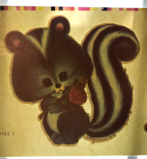 VTG 1970s CUTE SKUNK HOLDING FLOWER IRON ON TRANSFER picture
