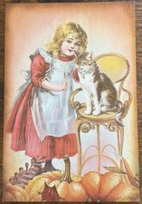 Fall Thanksgiving Little Girl Cat Pumpkins Fall Leaves Postcard PC214 Ephemera picture