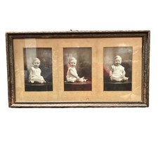 Antique Triple Pane Wooden Picture Frame W/ 3 Vintage Baby Child Photos 1930s picture