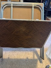 Vintage TV Trays With Rolling Stand Cart Set of 3  Faux Parquet Wood Metal picture