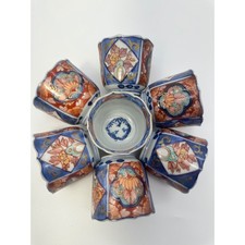 7pc Japanese Imari Porcelain Tea Cups Scalloped Blue Orange Gold Floral Set picture
