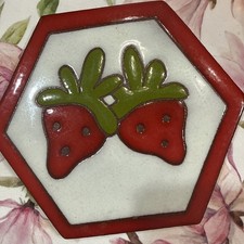 Vintage Hand Painted Red Green  Tile Trivet 6” Strawberry Garden Farm House picture