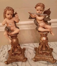 Two Antique Cherubs Putti on Gilt Metal Pedestals, Musical Instruments, 12