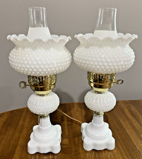 Set of 2- Vintage Hurricane Hobnail Milk Glass Table Lamps 16
