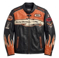 Harley-Davidson Racing Black/Orange Leather Jacket Eagle Flame Graphic picture