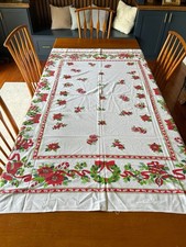Vintage Mid Century Tablecloth Christmas Retro Holiday Bells Holly 70” X 58” picture