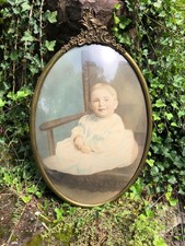Antique Victorian Convex Domed Bubble Glass Child's Portrait Brass Frame Ornate picture