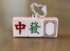 Mah Jong Ornament Pink White Glitter Hangs Glass Mahjong 3.5x 1.5