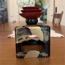 Japanese Wooden Sake Cup Sakazuki 3pc Stand Set Vintage Lacquer Taisho Era picture