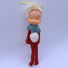 Vintage Pixie Elf Closed Eyes Ornament Felt Red Christmas Kitsch Japan 50s 60s picture