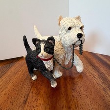 Paw Prints Vtg White Westie Dog & Black walking a White Tuxedo Cat Figurine picture