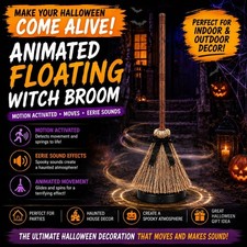Animated Floating Witch Broom Halloween Dancing Moving Broom Light Up Sound picture