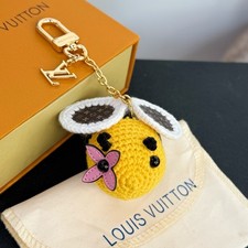 Cute Yellow Crochet Bumblebee Bag Charm Monogram Pattern Wings Gold Keychain picture