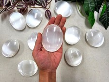 XL Selenite Palm Stone 3 INCHES Natural Celenite Oval Palmstone Soap Stone picture