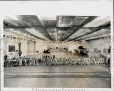 1955 Press Photo Shipworkers lined up across deck of USS Forrestal, Virginia picture