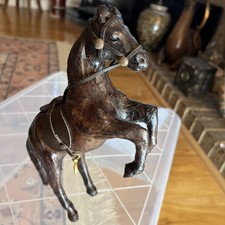 Antique Leather Wrapped Rearing Horse Equestrian Sculpture Statue 9” Figurine picture