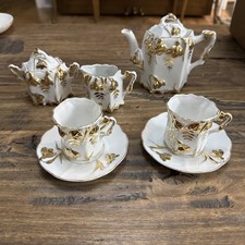Antique Carl Tielsch Altwasser Gilt Porcelain Tea Set for Two 1845-1850 TPM 9 Pc picture